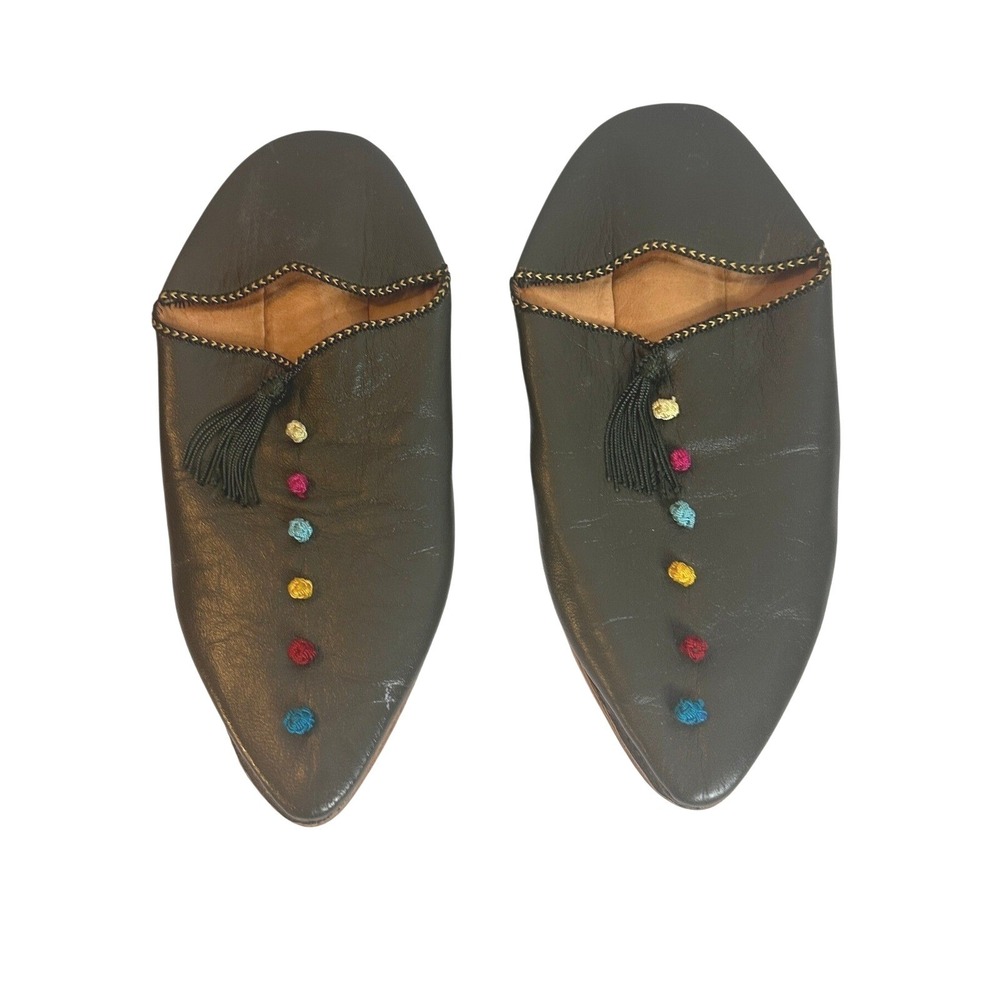 Moroccan Leather Babouche Slippers Olive Green Tassel Pom Pom Mules